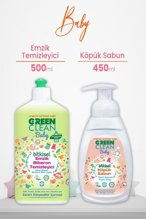 Green Clean U Baby Bitkisel Biberon Emzik Temizleyici 500 ml Ve Köpük Sabun Portakal 450 ml