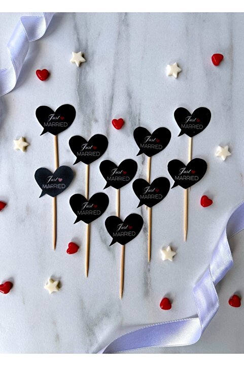 The Istanbul Event 10'lu Minik Düğün/After Party Just Married Siyah Cupcake Topper Çubukları