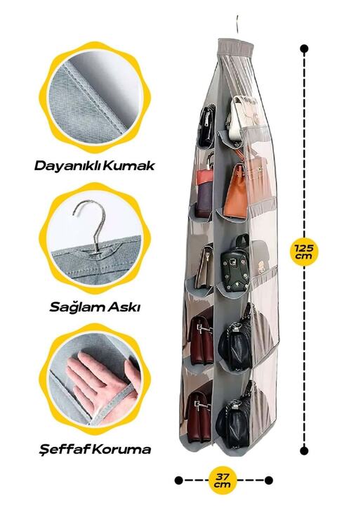 Serstil 10 Cepli Dolap Içi Çanta Düzenleyici Organizer Gri