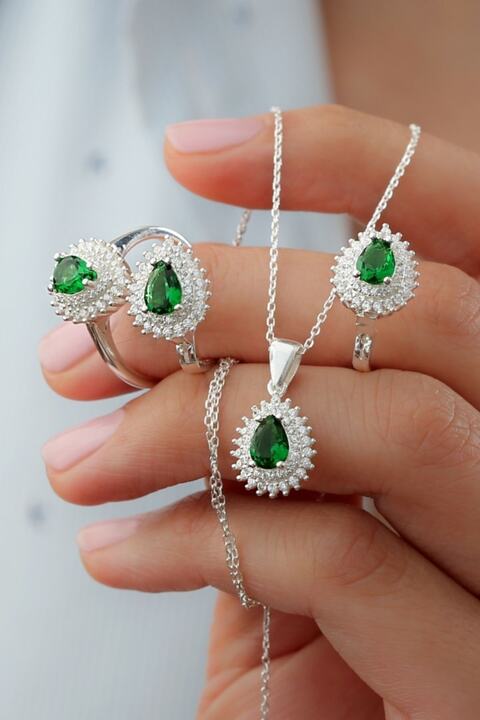 Silvano Jewelry 925 Ayar Gümüş Yeşil Taşlı Nostaljik Takı Seti