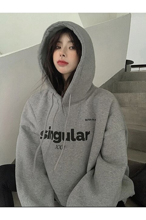 MOONBULL Ünisex Singular XXL baskılı kapüşonlu oversize sweatshirt