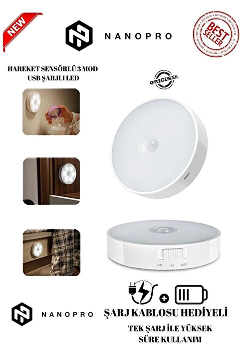 Nanopro Hareket Sensörlü Usb Şarjlı Led Beyaz Işık Lamba