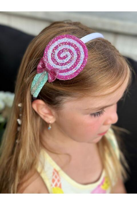 QUEEN AKSESUAR Lüks moda dev simli lolipop şeker fiyonklu taç kadın çocuk tacı fuşya menekşe pembe