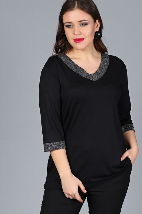 Curvy Trend Büyük Beden Yaka Kolucu Sim Yarım Kol Bluz
