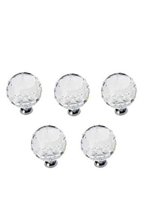 HİLAL AKS 5 Adet Kristal Düğme 30 Mm Krom- Şeffaf Kristal Kulp