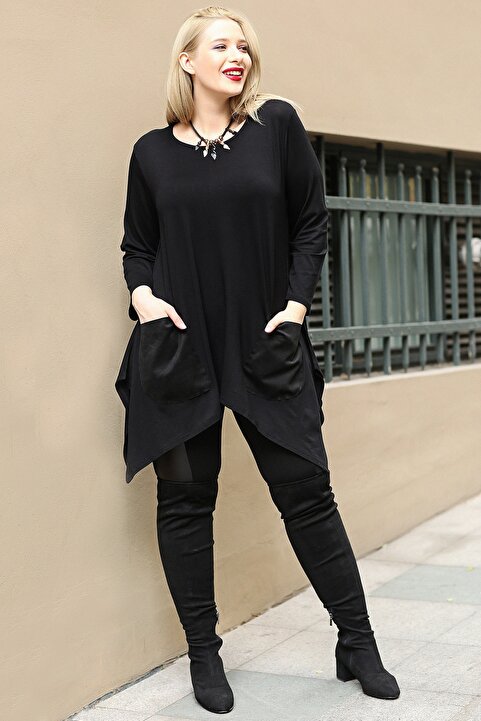 Curvy Trend Büyük Beden Ön Cepli Yırtmaçlı Uzun Kol Tunik