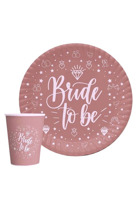 Huzur Party Store Bride To Be Yazılı 8'li Tabak Bardak Seti Rose Pembesi Renkli Yüzük Detaylı Bekarlığa Veda Partisi