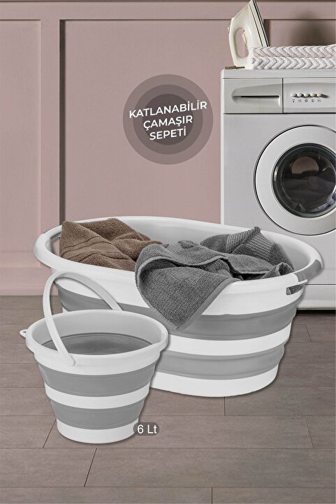 Meleni Home 2'li Katlanabilir Temizlik Seti Middle - Katlanır Sele Çamaşır Sepeti Akordiyon Su Kovası