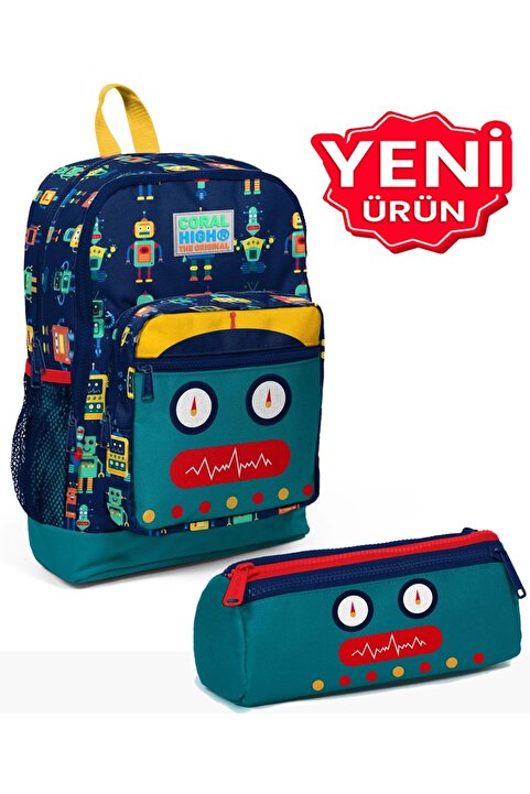 Coral High Robot Desenli Dört Bölmeli Okul Sırt Çantası ve Kalemlik 2 li Set