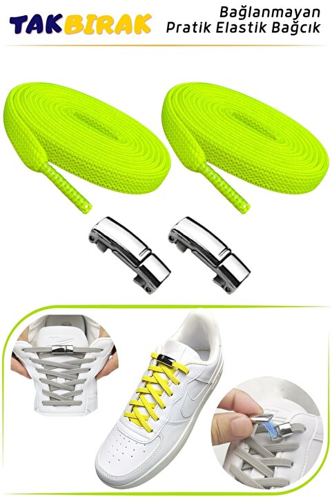 Foottab Takbırak Mıknatıslı Lastikli Ayakkabı Bağcığı, Akıllı Bağcık, Çocuk, Spor Converse Bağcık, Neon Sarı