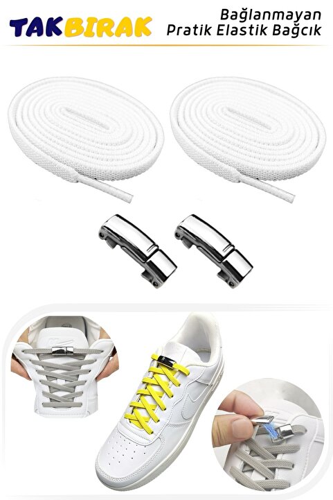 Foottab Takbırak Mıknatıslı Lastikli Ayakkabı Bağcığı, Akıllı Bağcık, Bot Çocuk Spor Converse Bağcık, Beyaz