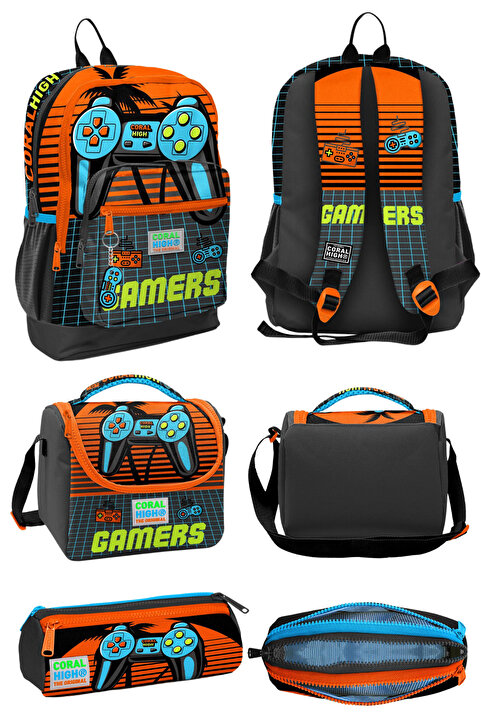 Coral High Gri Turuncu Gamer Desenli Dört Bölmeli Okul Sırt Çantası Beslenme Çantası Kalem Çantası 3'lü Set