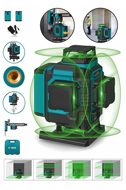 BÖHRER Şarjlı Çift Akülü Profesyonel 4 Köşe 4×360 16 Satır Yeşil Çizgi Lazer Hizalama