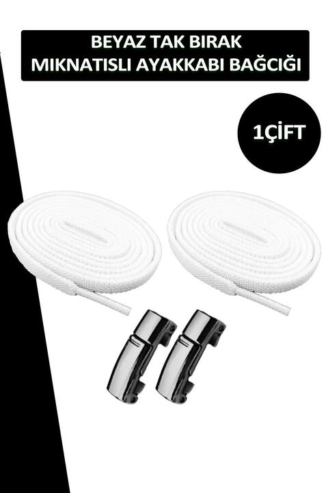 Dopar Elastik Beyaz Akıllı Kilitli Bağcık Mıknatıslı Metal Tak Bırak Spor Ayakkabı Bağcığı 100 Cm