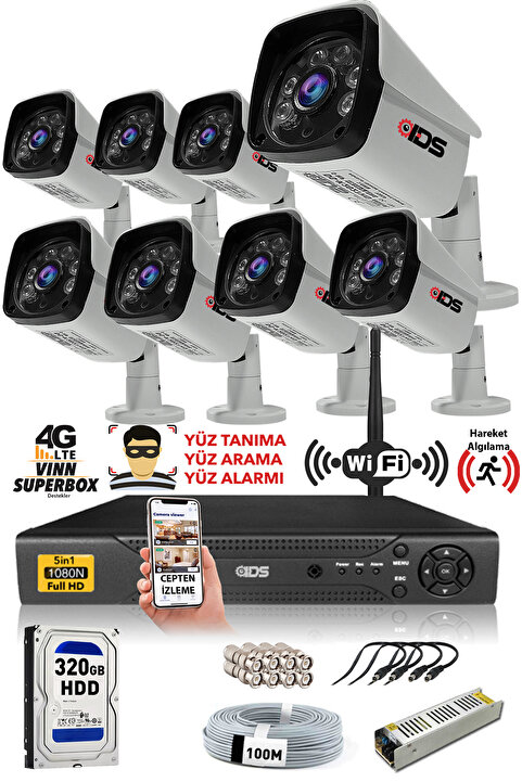 IDS 8 Kameralı Set - 5mp Sony Lensli Fullhd Gece Görüşlü Güvenlik Kamerası Sistemi - 2027-set8-320gb