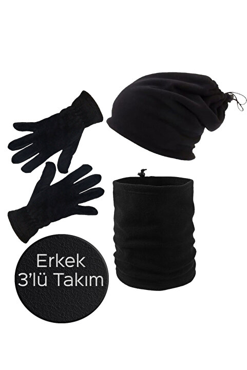 Mrey Erkek Siyah Kışlık Termal Polar Eldiven - Polar Ipli Bere Şapka - Polar Ipli Boyunluk 3'lü Set