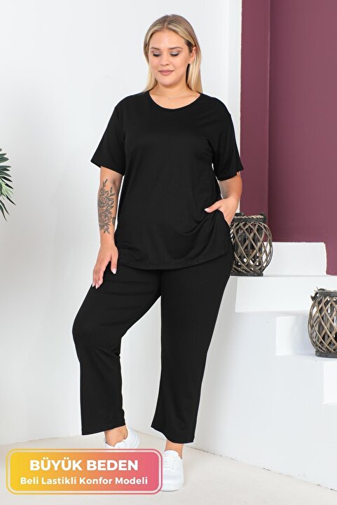 tarzımsüper Büyük Beden Konfor Modeli 2'li Takım Beli Lastikli Pantolonlu Tunik T-Shirt İkili Alt-Üst Takım