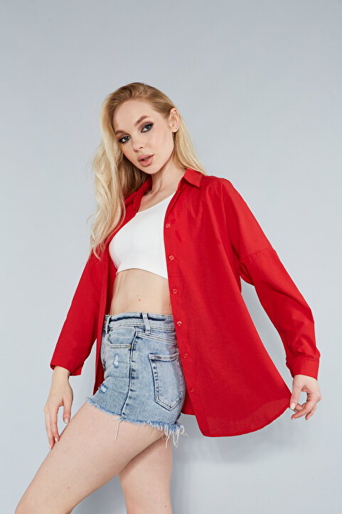 MEECY Kadın Kırmızı Oversize Uzun Basic Gömlek
