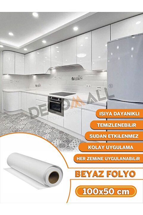 DECOMALL Tek Parça Beyaz Folyo Kaplamayapışkanlı Mutfak Dolapı Mobilya Kaplama Fayans Kaplama