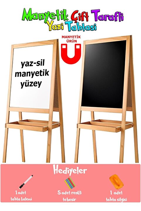 Yıldırım's Home Manyetik Çocuk Yazı Tahtası Ahşap Çift Taraflı 45x100