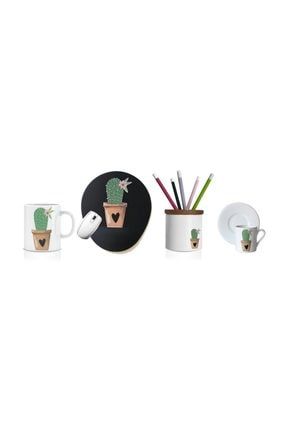 Masa Seti: Bilek Destekli Mousepad + Kupa + Kahve Fincanı + Kalemlik -+Cactus