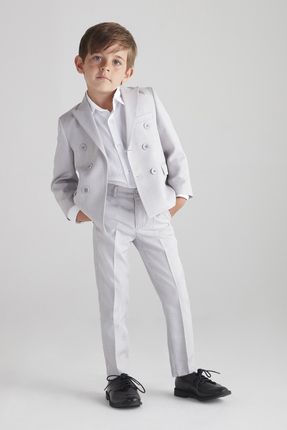 Erkek Çocuk Kruvaze Çizgili Takım Elbise (Gri) - Üçlü Takım (Pantolon,Gömlek,Ceket)