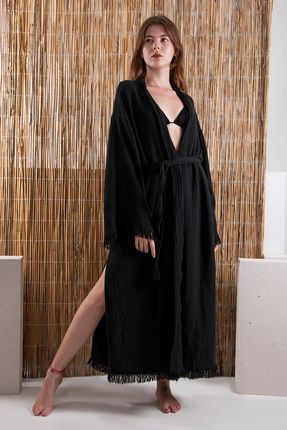 Peştemal Bornoz Kimono Kaftan Pamuklu Siyah Siyah Düz Kuşaklı 1 Adet Unisex Müslin Kumaş