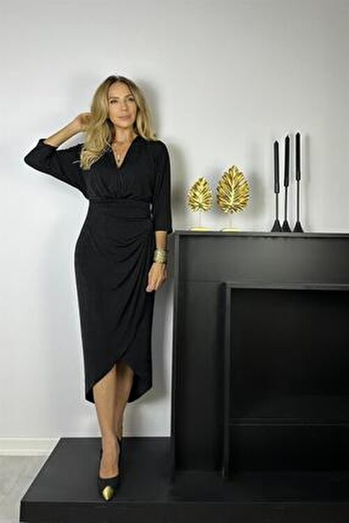 G0526 Drape Detaylı V Yaka Tasarım Elbise Siyah 23IKDEL042001