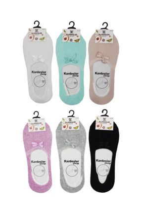 Kadın Babet Kabartmalı Renkli Çorap Pamuklu Görünmez Kaydırmaz Topuk Silikonlu 6'lı Paket