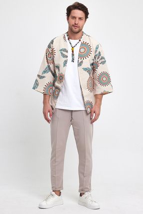 rammers Bohem Kimono Ceket 100 Keten Rahat Kesim Etnik Desenli