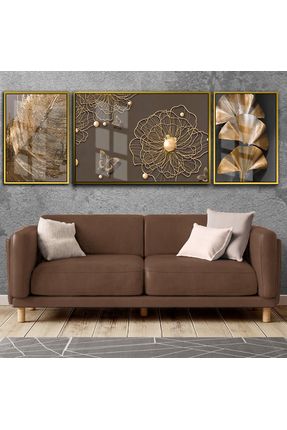Gold-kahverengi Soyut Ve Çiçek Kombini Kabartmasız |çerçeveli Temperli Cam Tablo 3lü Yatay