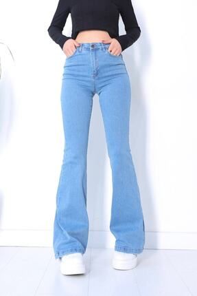 Ispanyol Renk Solmaz Likralı Yüksek Bel Açık Mavi Ispanyol Jeans Pantalon