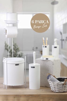 Beyaz Mina Yedekli Wc Kağıtlık ve 6 Parça Banyo Seti