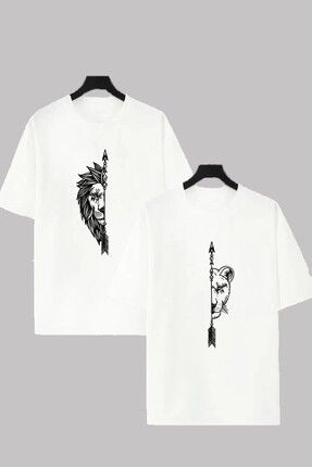 Kadın Erkek Dişi ve Erkek Aslan Çiftler Sevgili Çift Kombini Tasarım Oversize T-shirt 2'li Takım