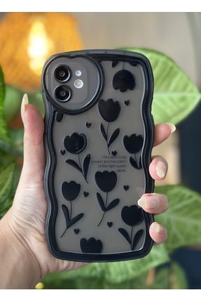 Iphone 11 Uyumlu Dalgalı Kenar Siyah Lale Kalp Kamera Tasarımlı Silikon Kamera Korumalı Kılıf