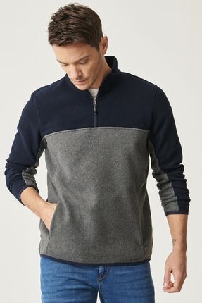 Erkek Lacivert-antrasit Standart Fit Normal Kesim Günlük Rahat Çift Renkli Polar Spor Sweatshirt