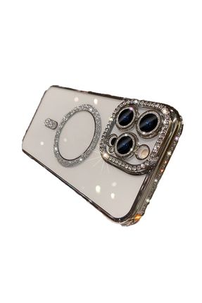 Apple iPhone 14 Pro Kılıf Simli Magsafe Kamera Kenar Taşlı Kapak simlijoke-14pro