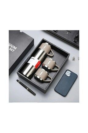 Sızdırmaz Paslanmaz Çelik Vakumlu Hediye Paketli 500ML 3 Bardaklı Termos Seti Çay Kahve Termosu