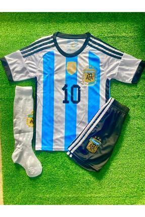 Özel Tasarım Çocuk Messi Arjantin 2022/23 Mavi Halı Saha Forma Tişört Şort Takım Armalı Çorap Hediye BNmssi10arjn22mavi10çcuk