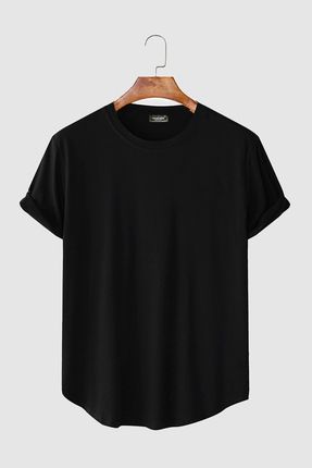 Erkek Siyah Kolları Katlı Oval Kesim Cepsiz Bisiklet Yaka T-shirt Vavn306-0000005-1