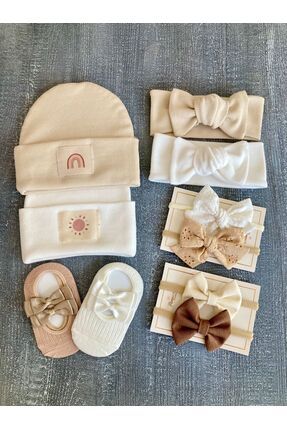 Kız bebek hediye bere bandana saç bandı çorap set soft tonlar