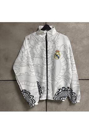 Unisex Beyaz Real Madrid Fc Desenli Yağmurluk