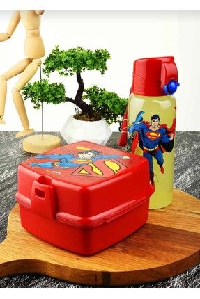 Kaşık Çatallı Beslenme Kabı ve Pipetli Suluk Matara Set 500 ML - Superman