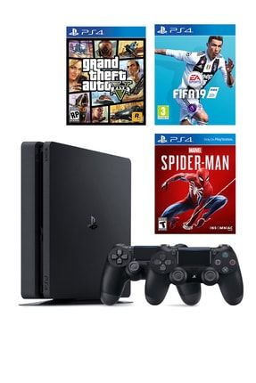 Playstation 4 Slim 500 GB + 2. PS4 Kol + PS4 GTA 5 + PS4 Fifa 19 + PS4 Spider-Man