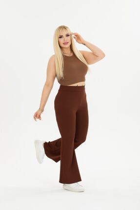 BANEGA Curve Plus Size Ribbed High Waist Brown Tights - Trendyol