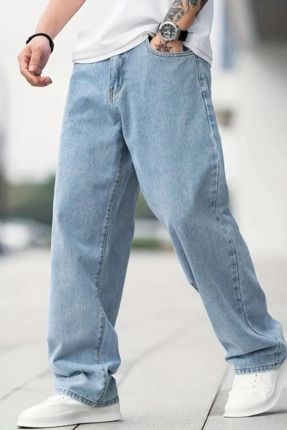 Erkek Baggy Model Açık Mavi Asit Yıkama Kot Pantolon Denim Jean