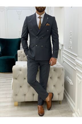 Erkek Kruvaze Takım Elbise İtalyan Kesim Slim Fit Ceket Pantolon