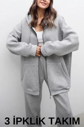 Unisex Gri 2 , Li Oversize Eşofman Takım 3 Iplik Şardonlu Jogger- Alt Üst