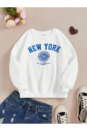 çocuk mavi new yourk baskılı beyaz sweatshirt
