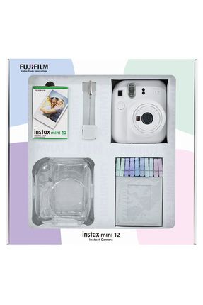 Instax mini 12 Beyaz Fotoğraf Makinesi 10'lu Film Simli Pleksi Kılıf Mandal ve Kıskaçlı Resim Standı